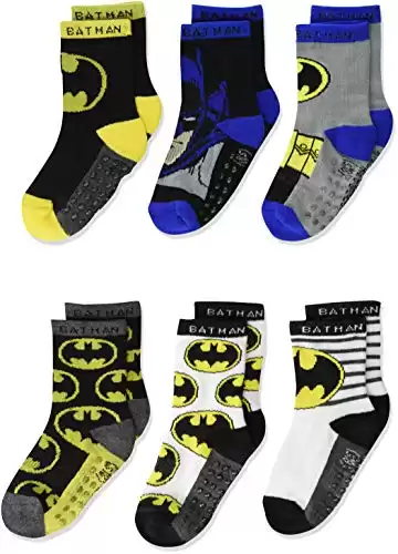 Batman Boy's 6 pack Socks with Grippers (2T-3T, Black/Multi)